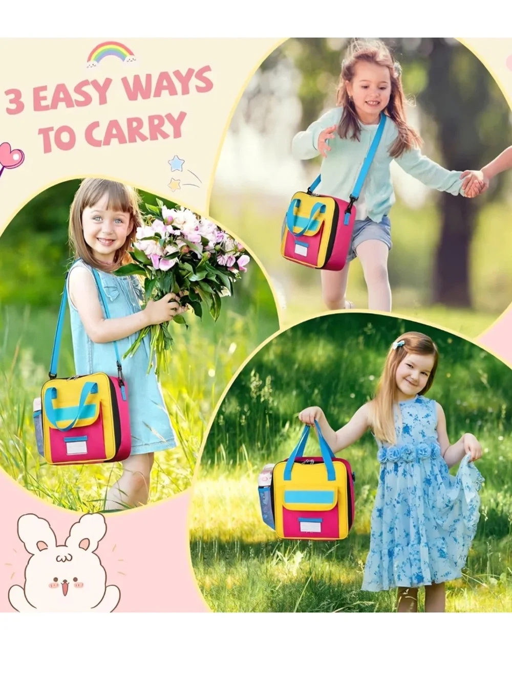 2 PACK! Kids Collapsable Lunch Boxes w/Shoulder Strap-Pink, Yellow, Blue, Green